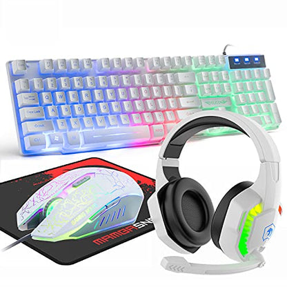 Wired Gaming Keyboard and Mouse Headset Combo,Rainbow LED Backlit Wired Keyboard,Over Ear Headphone with Mic,Rainbow Backlit Gaming Mice,Mouse Pad,for PC,Laptop,Mac,PS4,Xbox(White) - color: White