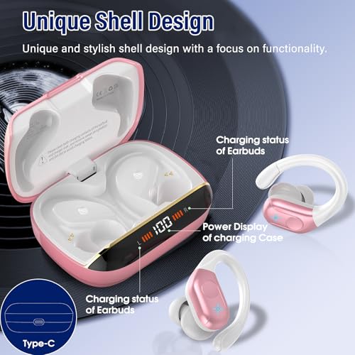Qecnato Wireless Earbuds Bluetooth 5.4 Headphones Sports, 75H Stereo Deep Bass Over Ear Buds with Earhooks, Bluetooth Earbuds with 4 ENC Mic, LED Display, IP7 Waterproof Earphone for Running, Pink