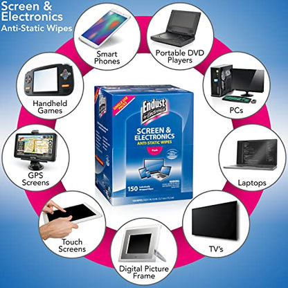 Endust for Electronics; Individually Wrapped, Portable, Anti-Static, Screen & Electronics Cleaning Wipes; 150 Count (14316) - size: 150 Count (Pack of 1)