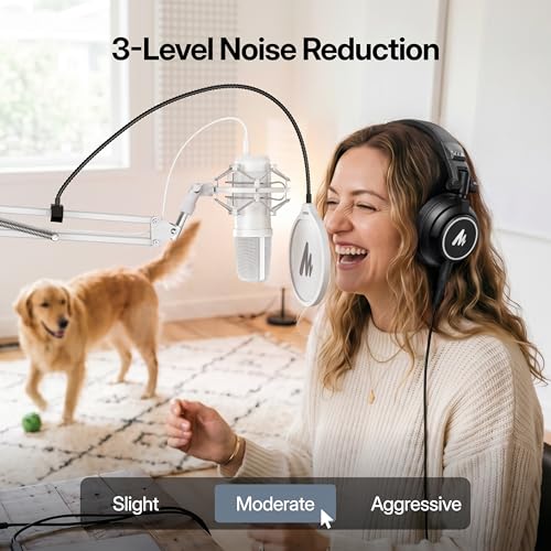 MAONO USB XLR Condenser Microphone with Headphones: PC Computer Podcast Cardioid Metal Mic Kit for Recording, Studio, Singing, YouTube (A04 Gen2 White+MH601)