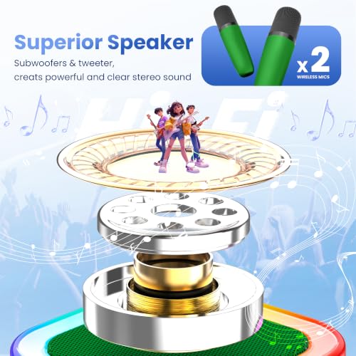 Mini Karaoke Machine, Portable Bluetooth Speaker & 2 Wireless Microphones | Karaoke Player Karaoke Microphone For Family Home Party Outdoor With HI-FI Sound | 5 Magic Sound | PA System | USB | TF | AUX - color: Dark Green