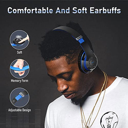Bluetooth Headphones Over Ear, 6S Foldable Wireless Headphones with 6 EQ Modes, 40 Hours Playtime HiFi Stereo Headset with Mic, Soft Ear Pads, TF/FM for Cellphone/PC/Home (Black & Blue) - color: Black & Blue