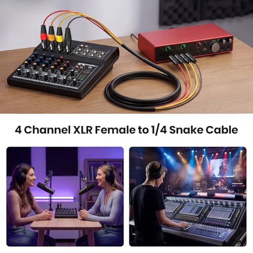 4 Channel XLR Female to 1/4 Snake Cables 3ft, 6.35mm TRS to XLR Microphone Cable Stereo Audio Balanced Line Gold-Plated Pins - 1 Pack - size: 4-channel 3ft 1Pack