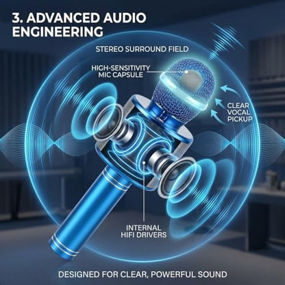 Wireless Bluetooth Karaoke Microphone Portable Handheld Mic Speaker 3-in-1 for All Smartphones Gifts Blue
