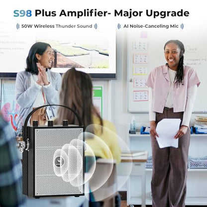 50W Voice Amplifier with 2 Mics,Microphone with Speaker | Portable Sound System with Microphone,Bluetooth Speaker Megaphone for Teachers, Classroom, Outdoor, Events -S98Plus