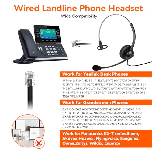 One Ear Wired Office Headset | Single Ear RJ9 Call Center Telephone Headset | Noise-Cancelling Mic | Compatible with Landline/IP Phones - Yealink, Sangoma, Grandstream, Akuvox, Escene, Atcom