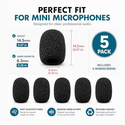 Movo F1/4 Lavalier Microphone Foam Windscreens, 5-Pack Replacement Lav Mic Pop Filters – Fits 4–6mm Mic Capsules, Compatible with RØDE smartLav+, Lavalier GO, Shure MVL, LV4, Sanken COS-11D