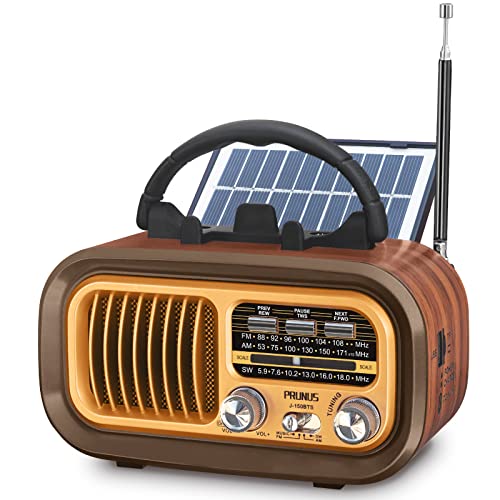PRUNUS J-150 Portable Radio AM FM SW Bluetooth Speaker,TF Card/USB Playback | Retro Radios Vintage Transistor with Best Sound, Solar/D Battery Operated/USB Charging, TWS
