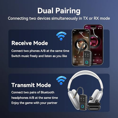 Bluetooth 5.2 Transmitter Receiver aptX Adaptive/Low Latency/HD Bluetooth Adapter Support 2 AirPods Phones, Wireless Audio Receiver 3.5mm Aux Headphone Jack Adapter for Airplane Travel/TV/Home Stereo - style: A5-PRO