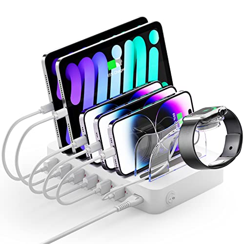 Unitek Fast Charging Station for Multi Devices, 6 Ports Charger with QC 3.0 | USB Charging Dock for Phone/Tablet/iPad/Electronics, 60W Charging Station Organizer with 7 Charging Cables, Quick Charge - color: White USB*6