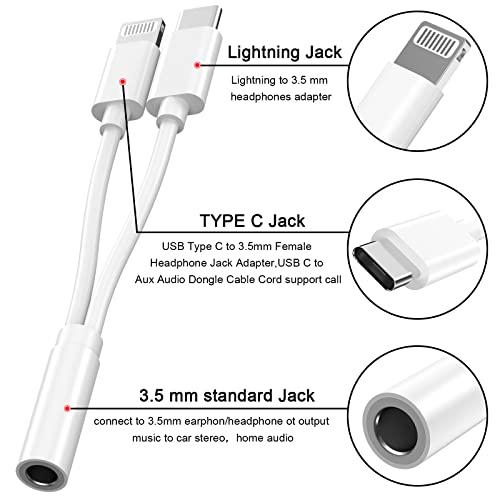 Lightning to 3.5 mm Headphone Jack Adapter,[MFi Certified] iPhone Headphones Aux Audio Dongle+USB Type C to 3.5 mm Jack Female Adapter for iPhone 17 16 15 14 13 Pro Max 12 11 XS XR 8 7 S23 S22 | Aux Audio Dongle+USB Type C to 3.5 mm Jack Female Adapter fo