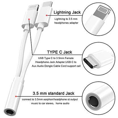 Lightning to 3.5 mm Headphone Jack Adapter,[MFi Certified] iPhone Headphones Aux Audio Dongle+USB Type C to 3.5 mm Jack Female Adapter for iPhone 17 16 15 14 13 Pro Max 12 11 XS XR 8 7 S23 S22 | Aux Audio Dongle+USB Type C to 3.5 mm Jack Female Adapter fo