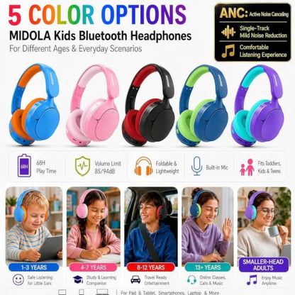 Kids Bluetooth Headphones Wireless,ANC, 68H,Safe Volume Limit 85/94dB Pink | Active Noise Cancelling,Adjustable Headband Foldable Over-Ear for Toddler Girls Boys Tablet/iPad,HD Stereo,Built-in Mic - color: Pink