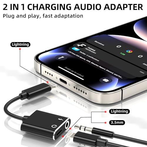 Iphone Headphone AUX Jack Adapter Audio Cable Lightning to 3.5mm Splitter 2in1 Dongle Earbud Charger Cord Adaptador Para MFI Certified Compatible for 13 12 11Pro Max Mini 7 8Plus X Xr Xs Se Ipad