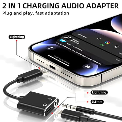 Iphone Headphone AUX Jack Adapter Audio Cable Lightning to 3.5mm Splitter 2in1 Dongle Earbud Charger Cord Adaptador Para MFI Certified Compatible for 13 12 11Pro Max Mini 7 8Plus X Xr Xs Se Ipad