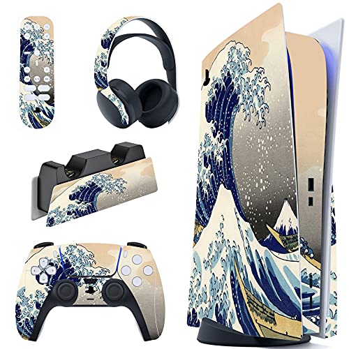 PlayVital for PS5 Skin Disc Edition, Full Protective Vinyl Sticker Decal for PS5 Disk Console, Controller, Dock, Headset & Remote - No Residue, Scratch-Resistant, Great Wave Dual Side - color: Great Wave Dual Side