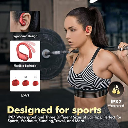 Wireless Earbuds Bluetooth Headphones 80hrs Playback Ear Buds Power Display with Noise Canceling Mic with Earhooks for Sports/Workout/Running, Red