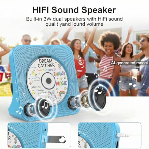 Gueray Portable CD Player with Bluetooth, CD Player with Speaker for Home | Plug-in desktop use,2-way Bluetooth mode, 3W speakers, FM radio, sleep timer, A-B repeat,USB/AUX - color: Blue