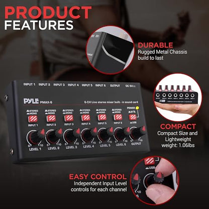Pyle 6-Channel Bluetooth Mini Line Mixer with USB Audio Interface - 6 Mono/Stereo Switching Inputs | Ultra-low Noise Design with High Headroom | Built-in USB-C Sound Card - PMAX6 - size: 6 Channel