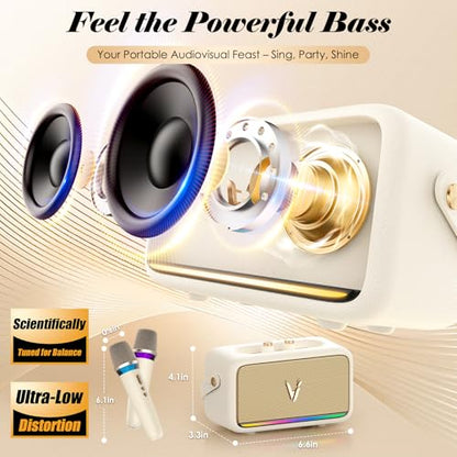 Karaoke Machine with 2 Wireless Mics & Soft Leather Wrap |mini Portable Bluetooth Speaker with 5 Voice Changer Modes for Home Party, AUX/USB/TF Support, for Kids and Adults