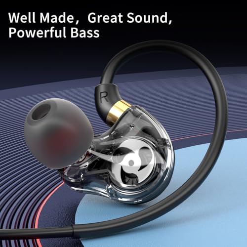 Dual Driver USB C Headphones in Ear Buds Wired Earphones with Mic | Extra bass earbuds, wrap around over ear, hifi, microphone, hook, sport, running, aux, braided cable, noise isolation, cord