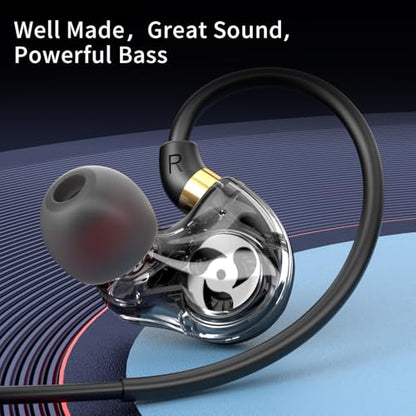 Dual Driver USB C Headphones in Ear Buds Wired Earphones with Mic | Extra bass earbuds, wrap around over ear, hifi, microphone, hook, sport, running, aux, braided cable, noise isolation, cord