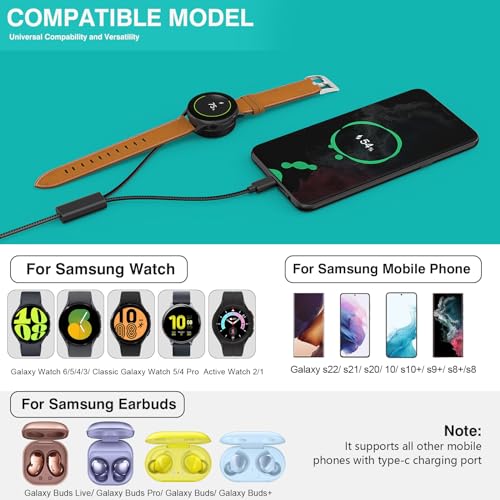 2 in 1 USB-C Magnetic Galaxy Watch Charger for Samsung Galaxy Watch 7/6/5/4/3/Classic, Pro 5/4, Active Watch 2/1, Galaxy Buds/Live/+, 5ft Fast Charging Cable for Galaxy S22/21/20/10 (Max 12W)