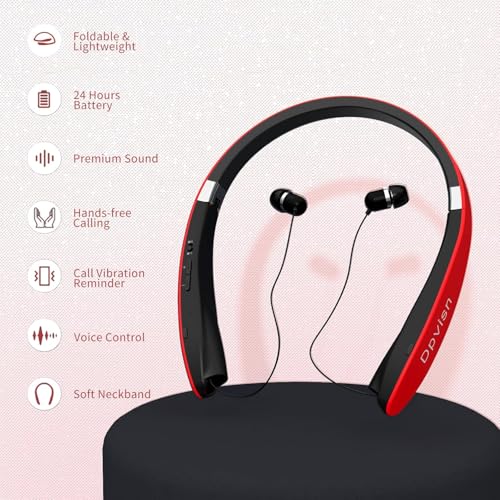 Bluetooth Neckband Headphones, Foldable Wireless Lightweight Neck Headset with Retractable Earbuds, Noise Cancelling Sweatproof Stereo Earphones with Mic & Carrying Case (Red) - color: Red