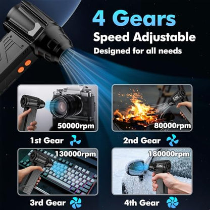 IVJ 180000RPM Cordless Electric Compressed Air Duster | 4 Gear Adjustable Mini Air Duster with LED Light, Dust Blower for Computer, Keyboard, House, Outdoor and Car