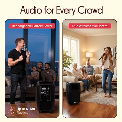 Pyle PSBT105A - 1000W Portable Bluetooth PA Speaker, 10'' Subwoofer, UHF Wireless Mic, MP3/USB/SD, Rechargeable Battery, LED Battery Indicator Lights, Black - size: 10 inches