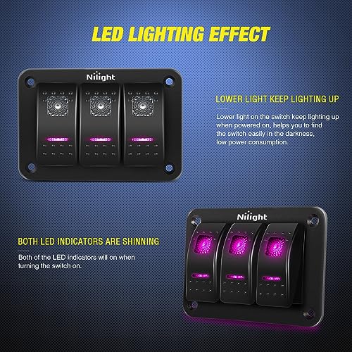 Nilight 3 Gang Aluminum Rocker Switch Panel Pre-Wired | 5 Pin ON Off Pinkish Purple Toggle Switches SPST 12V 24V Night Glow Stickers for Cars Marines Boats Campers RVs - color: Purple, size: 3 Gang