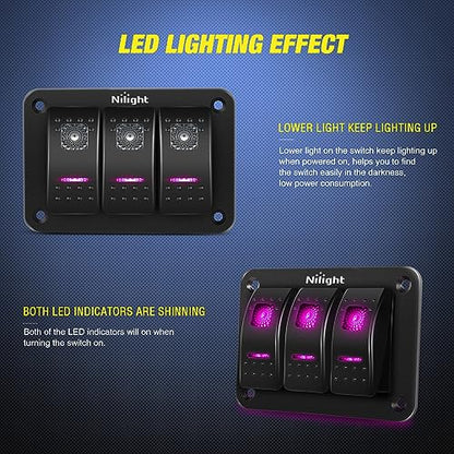 Nilight 3 Gang Aluminum Rocker Switch Panel Pre-Wired | 5 Pin ON Off Pinkish Purple Toggle Switches SPST 12V 24V Night Glow Stickers for Cars Marines Boats Campers RVs - color: Purple, size: 3 Gang