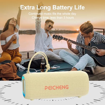 PEICHENG Bluetooth Speaker, Portable Wireless Clear Loud Stereo Sound IPX5 Waterproof with RGB Lights BT5.3 Long Playtime TWS Pairing,for Home Party Outdoor Beach,Great Gift Choice (Beige) - color: Beige