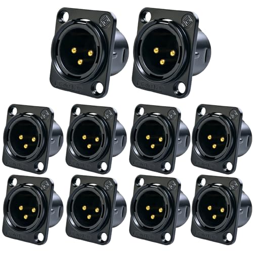 RIVIERA XLR Panel Mount Chassis 3pin Male & Female Nickel Plated Metal Housing and 24K Gold-Plated Contacts (10 Male Black) - color: Black, size: Male