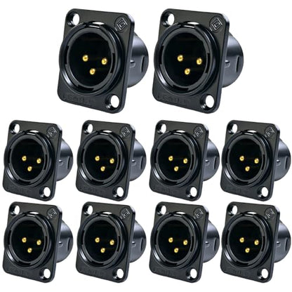 RIVIERA XLR Panel Mount Chassis 3pin Male & Female Nickel Plated Metal Housing and 24K Gold-Plated Contacts (10 Male Black) - color: Black, size: Male