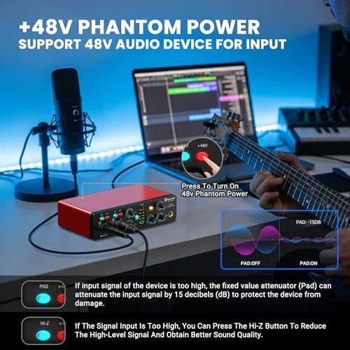 USB Audio Interface,4-In 2-Out Audio Interface with 48V Phantom Power 24-bit/192kHz, Dual TS/XLR Inputs Plug & Play for Recording, Podcasting, Streaming, Guitar, Vocalist