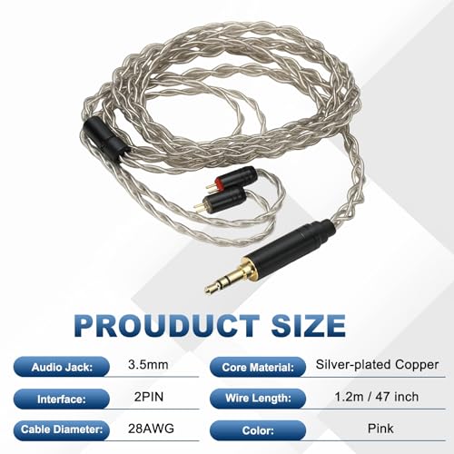 IEM Earphone Cable 1.2M Long, 28AWG 4-Cores High Purity HiFi in Ear Cable Silver-Plated Extension Wires for Replacement Ananda Arya HE400SE, Gray (3.5mm, 2PIN)