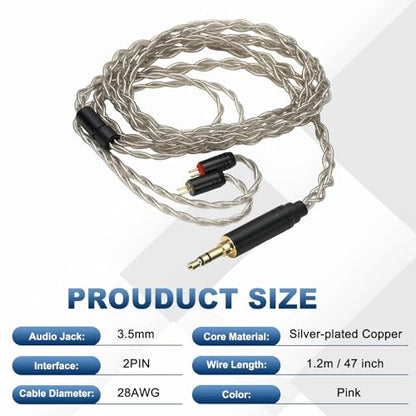IEM Earphone Cable 1.2M Long, 28AWG 4-Cores High Purity HiFi in Ear Cable Silver-Plated Extension Wires for Replacement Ananda Arya HE400SE, Gray (3.5mm, 2PIN)
