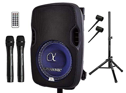 10" Portable Rechargeable Battery Powered 1000W Pro DJ Amplified Loud Speaker with 2 Wireless Microphones Echo Bluetooth USB SD Card Aux MP3 FM Radio PA System LED Ring Karaoke Tripod Stand - style: 10” with Rechargeable Battery