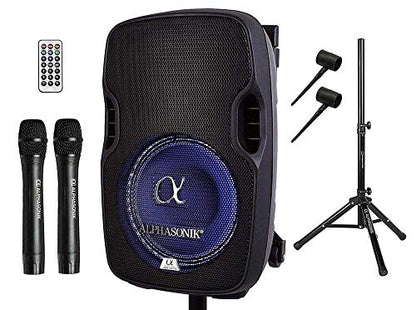 10" Portable Rechargeable Battery Powered 1000W Pro DJ Amplified Loud Speaker with 2 Wireless Microphones Echo Bluetooth USB SD Card Aux MP3 FM Radio PA System LED Ring Karaoke Tripod Stand - style: 10” with Rechargeable Battery