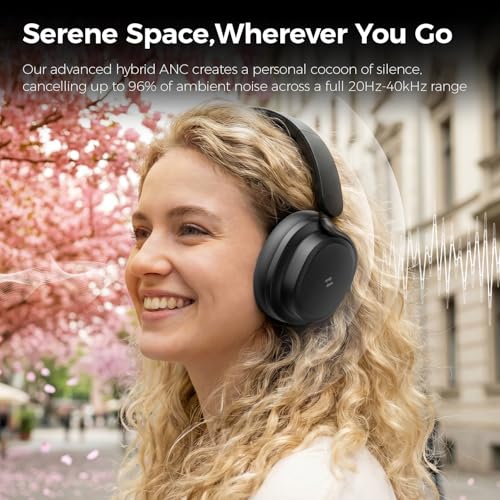havit 132H Playtime Noise Cancelling Headphones, Over Ear Wireless Bluetooth Headphones with Hybrid ANC, Fast Charge, Dual Device Connection, Foldable Design with Mic for Travel, Work & Office