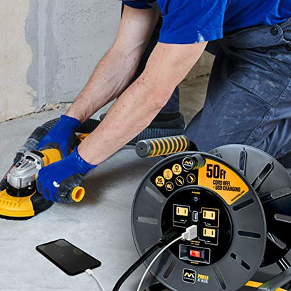 Masterplug 50ft Cord Reel, Retractable Extension Lead with Winding Handle, Safety Overload Circuit Breaker and Power Switch, 4x Grounded Outlets, 2x USB Ports, 15amps, 12AWG Cable - size: 50ft, style: 12 AWG
