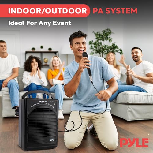 Pyle Portable PA Speaker & Microphone System - FM Stereo Radio, Built-in Rechargeable Battery, Aux & Microphone Inputs, Includes Beltpack, Hand-held Headset & Lavalier Mics - Black