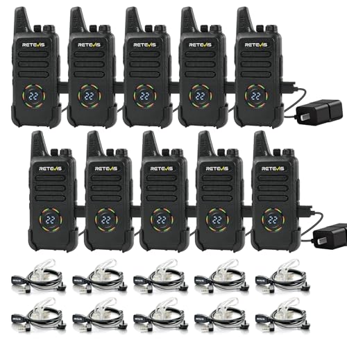 Retevis RT22S Walkie Talkies for Adults, 2 Way Radio with Earpiece(10 Pack) | For Daycare, Hospitality&Retail, Intuitive Channel Display, Lightweight Pocket-Friendly Design, FRS 22CH, All-Day Battery