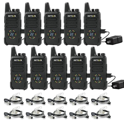 Retevis RT22S Walkie Talkies for Adults, 2 Way Radio with Earpiece(10 Pack) | For Daycare, Hospitality&Retail, Intuitive Channel Display, Lightweight Pocket-Friendly Design, FRS 22CH, All-Day Battery