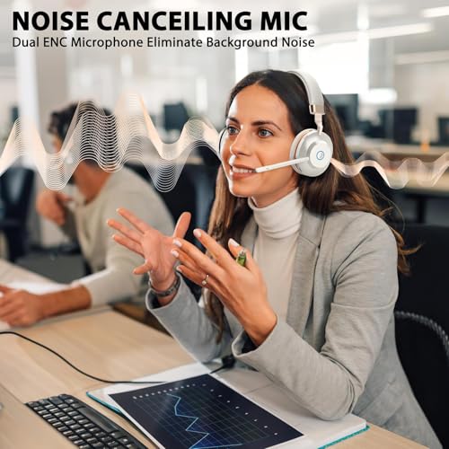 Wireless Headset with Mic for Work, Bluetooth Headset with Microphone Mute & USB Dongle, 45HrsWireless Headphones with Mic Noise Canceling& Charging Dock for WFH/Call Center/PC/Teams/Trucker/Office