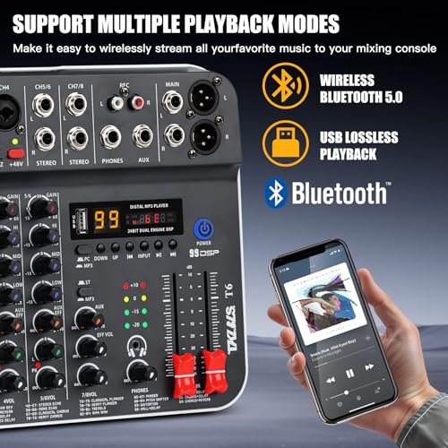 Audio Mixer, TKLBLS Studio Audio Sound Mixer Board, 6 Channel Unpowered Recording Mixers w/USB Audio Interface, DJ Mixer with 48V Phantom Power for KTV, Live Shows, Streaming, Conferences