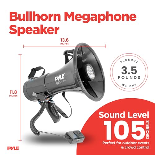 Pyle Portable Compact PA Megaphone Speaker with Alarm Siren & Adjustable Volume - 50W Handheld Lightweight Bullhorn - with Mic, AUX IN for MP3, 1200 Yards Range, Rechargeable Battery