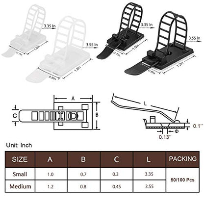 100Pcs Adhesive Cable Management Clips with 50Pcs Zip Ties, Adjustable Nylon Cable Strap Ties Wire Clips Clamps Organizer, Extra Screw & Hole - 3.35 Inch Black - color: Black, size: M-100pcs