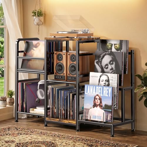 POKIPO Large Record Player Stand, Vinyl Record Storage Holds up to 400+ Albums, 3 Tier Turntable Stand with Display Shelf, 3-in-1 Multifunctional Record Player Cabinet Media Console Table for Stereo